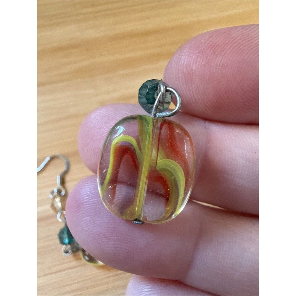 Yellow Green Red Glass Bead Dangle Drop Earrings Unbranded